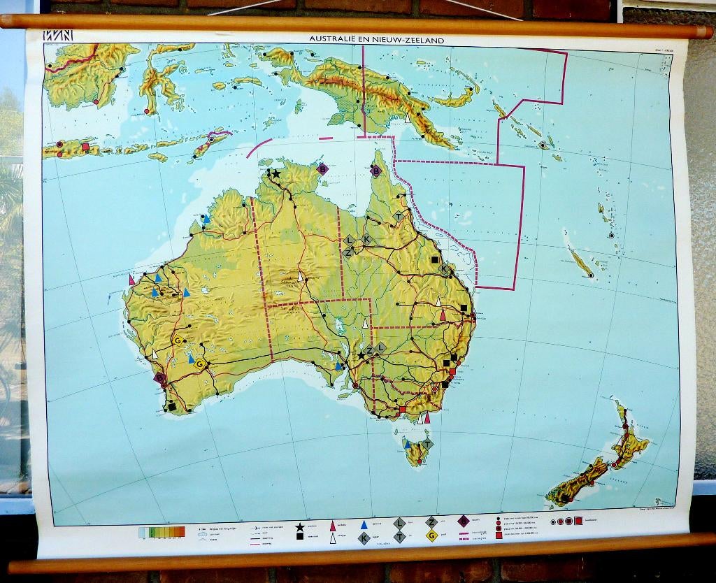 Mooie oude schoolkaart van Australië en Nieuw-Zeeland, Antiek en Kunst, Antiek | Schoolplaten, Geschiedenis, Ophalen of Verzenden