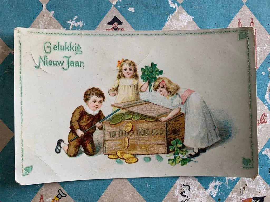 Gelukkig Nieuwjaar - kindjes, klaver 4, geld, Ophalen of Verzenden, 1920 tot 1940, Gelopen, Feest(dag)