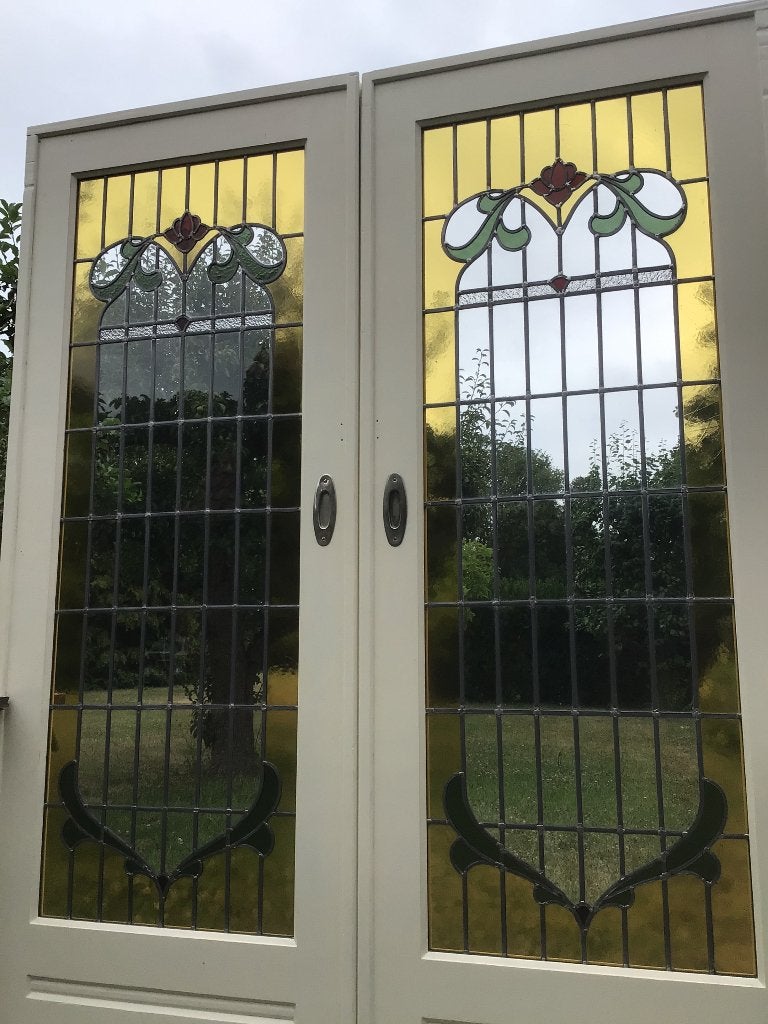 Prachtige set glas in lood schuifdeuren, Ophalen, 120 cm of meer, Binnendeur, 200 tot 215 cm