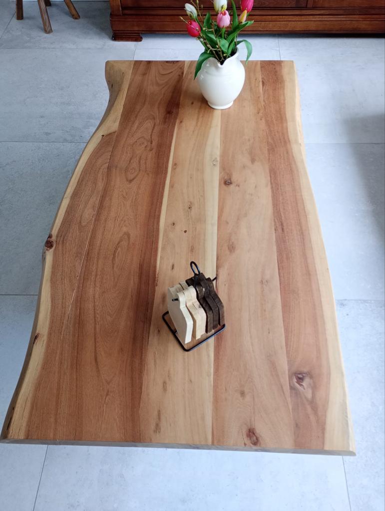 Eiken Salontafel met Zwart Onderstel, Ophalen, Gebruikt, 100 tot 150 cm, Eikenhout