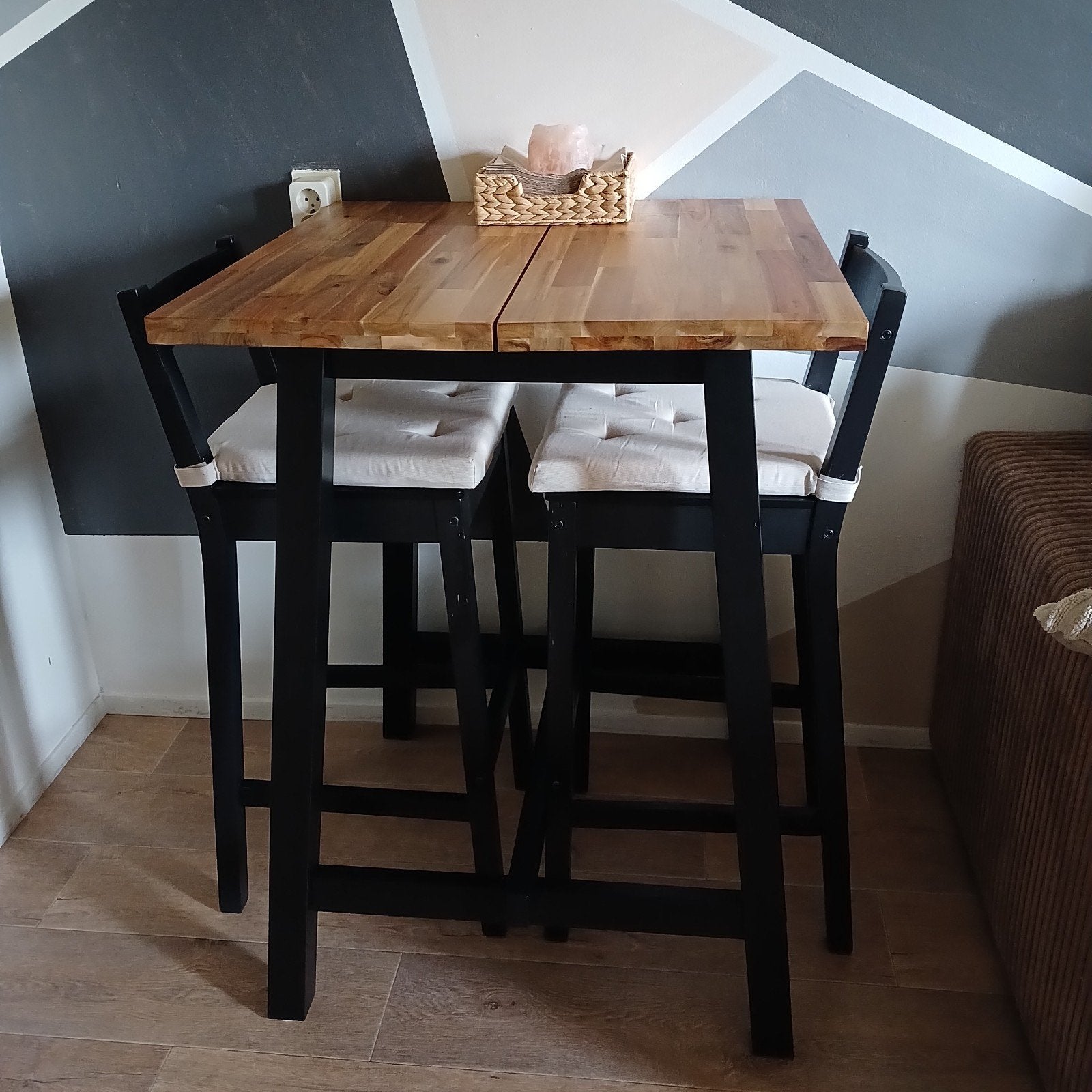 Hoge eettafel/bartafel met twee barkrukken - massief hout, Overige houtsoorten, Gebruikt, 50 tot 100 cm, Modern, Industrieel