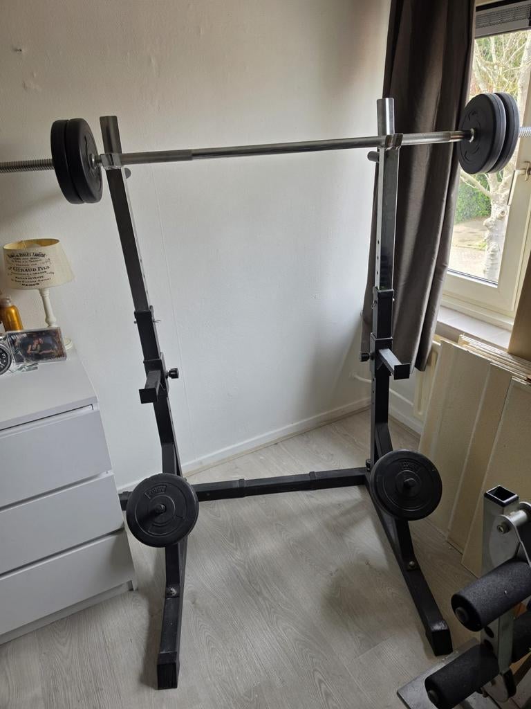 Squat rek met gewichten en stang, Sport en Fitness, Fitnessmaterialen, Ophalen of Verzenden