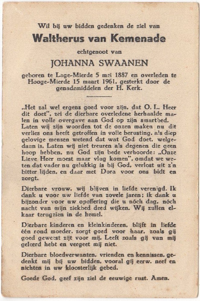 Waltherus van Kemenade 1887 - 1961 Hooge Mierde, 73 jaar, Verzenden