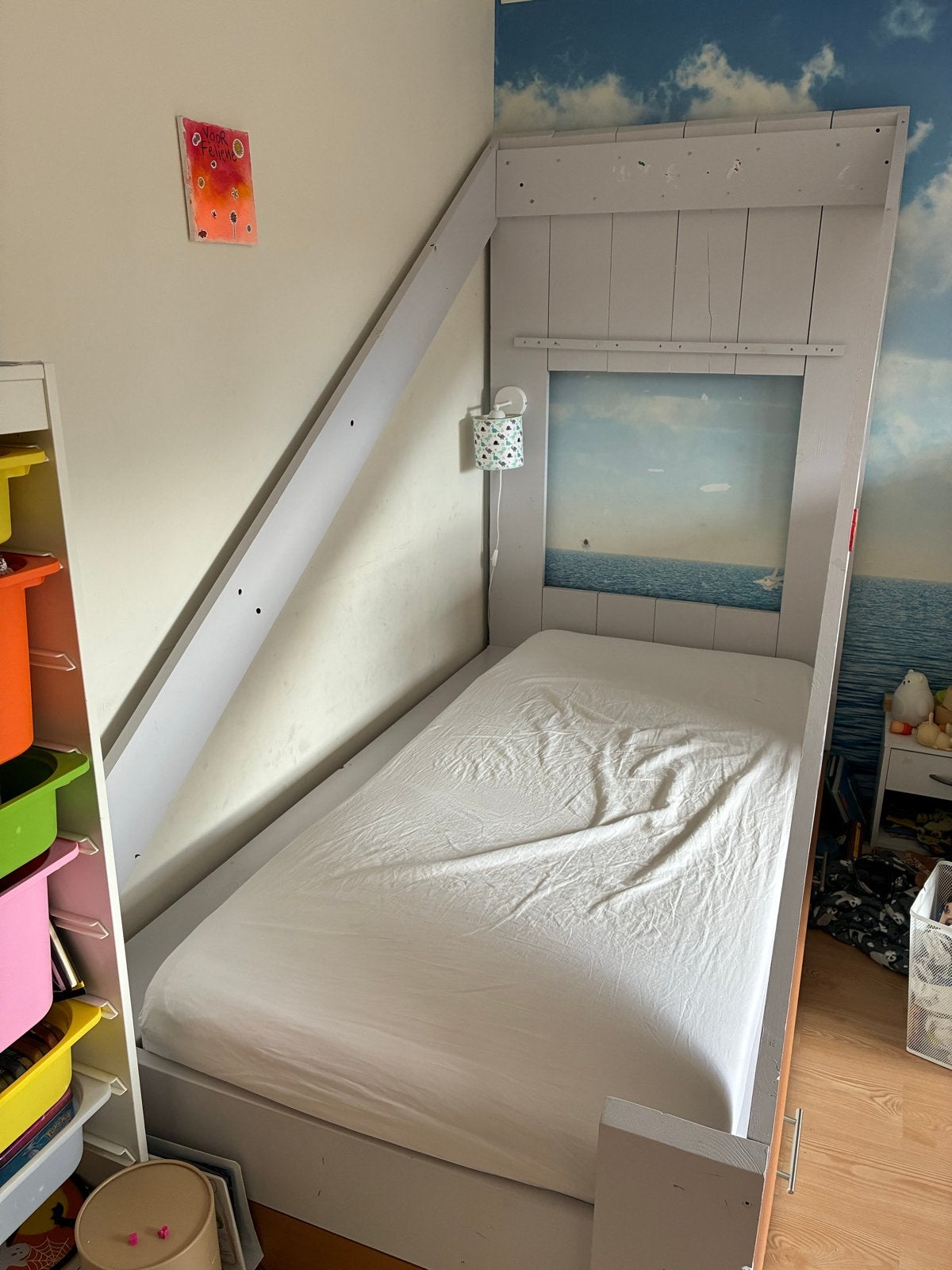 Stevig zelfgemaakt bed (incl. bedlade) van steigerhout, Ophalen, Gebruikt, 90 cm, Eenpersoons