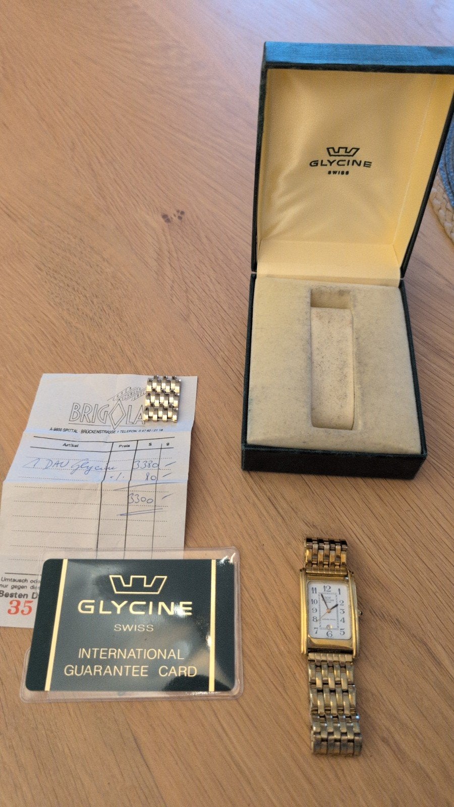Glycine Swiss Goudkleurig met Garantiekaart, Overige merken, Gebruikt, Polshorloge, Ophalen of Verzenden