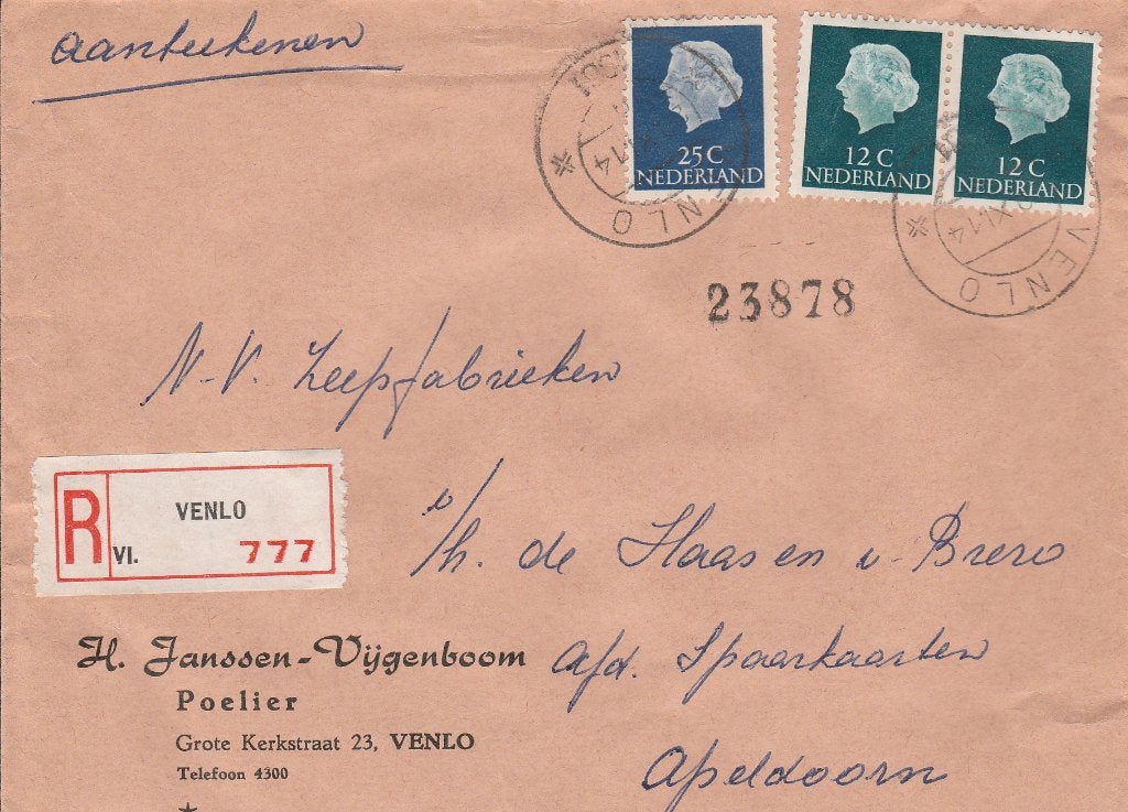 VENLO 1961 aangetekend H. JANSSEN-VIJGENBOOM Poelier, Ophalen of Verzenden, 1960 tot 1980, Gelopen, Limburg