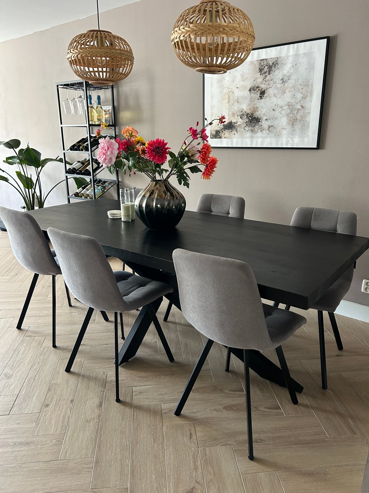 Moderne zwarte eettafel 220 x 100 cm | Inclusief 6 stoelen, Huis en Inrichting, Tafels | Eettafels, Ophalen, 100 tot 150 cm, 200 cm of meer