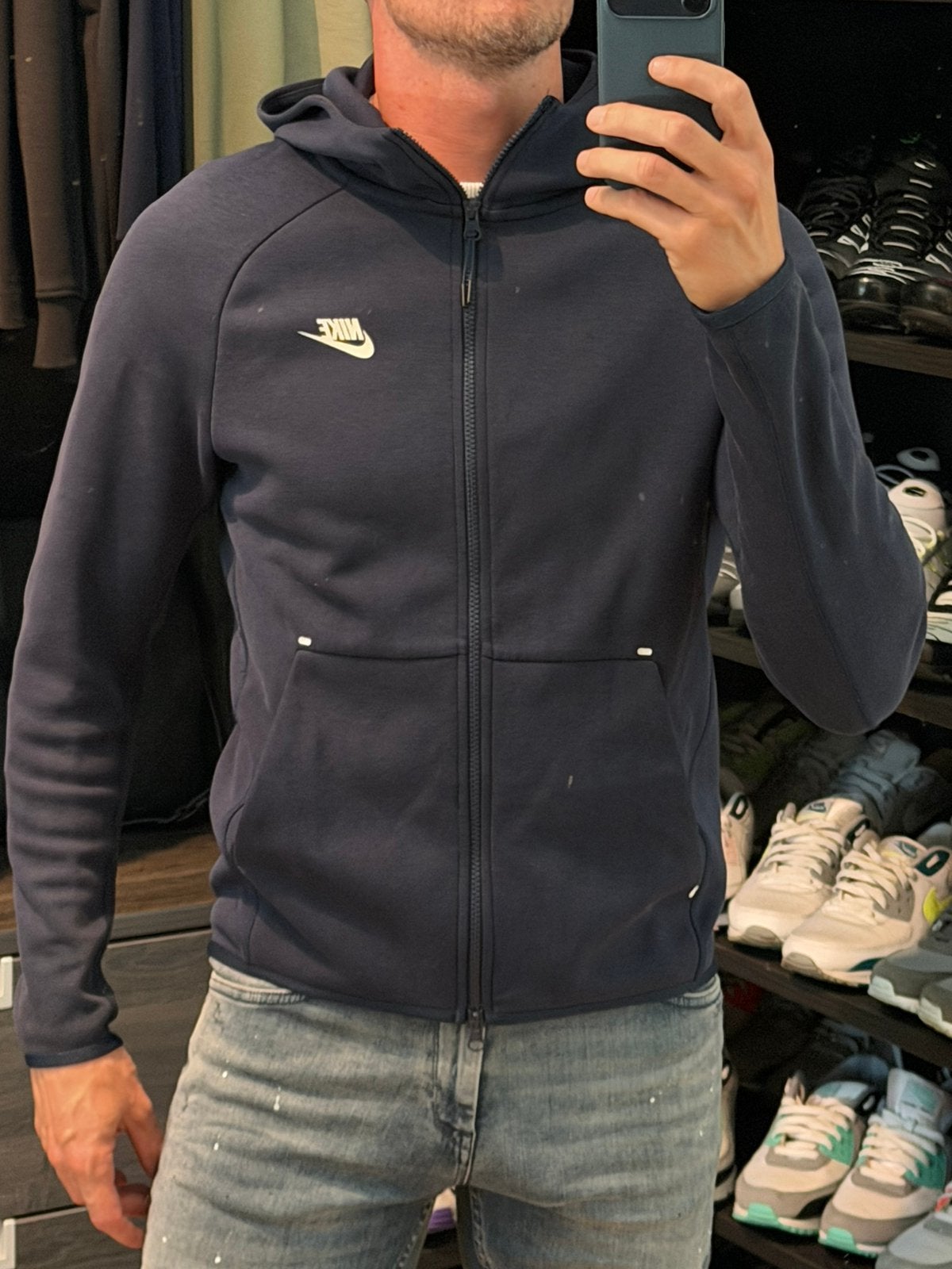 Donkerblauw Nike tech fleece vest hoodie maat S, Verzenden, Gedragen, Maat 46 (S) of kleiner, Blauw