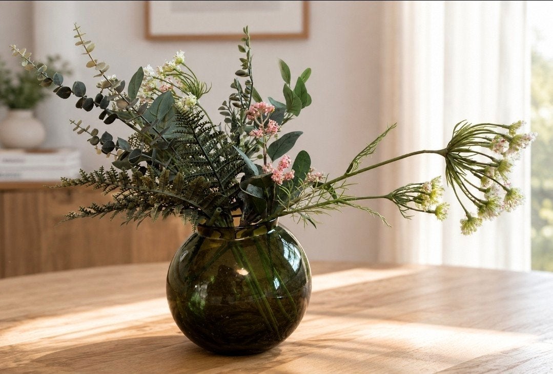 Kunstbloemen kunstboeken boeket bloemen met vaas bloemstuk, Ophalen of Verzenden