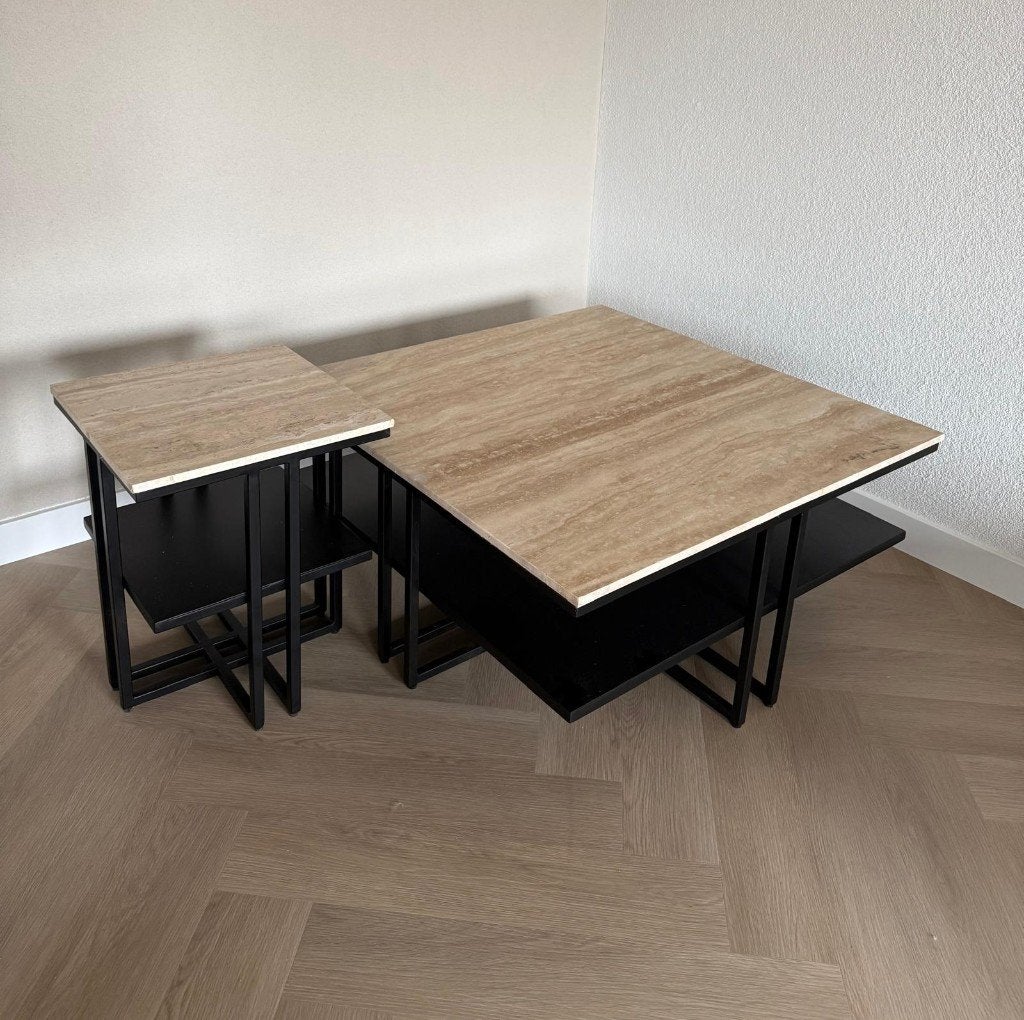 Vierkante salontafel set | Travertin | Industrieel | Outlet, Ophalen, 3194DD, 50 tot 100 cm, Vierkant
