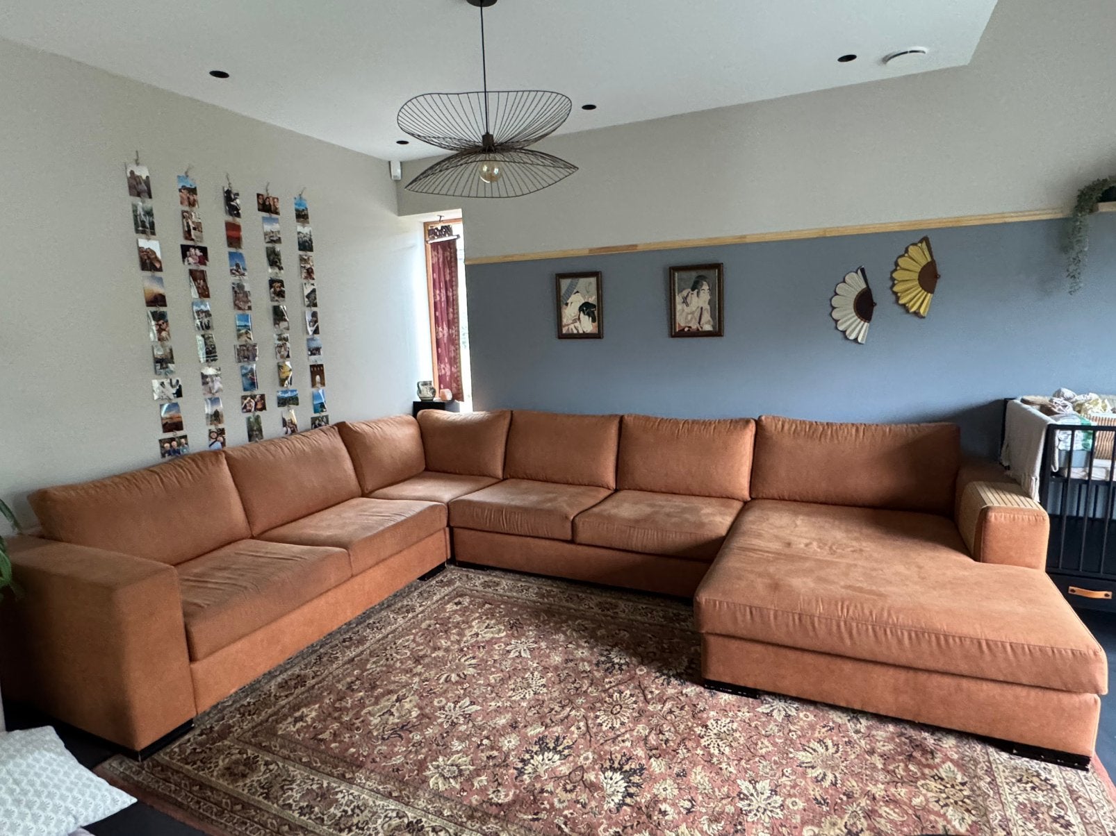 Bruin/cognac kleurige U bank 385x285, Huis en Inrichting, Ophalen, Zo goed als nieuw