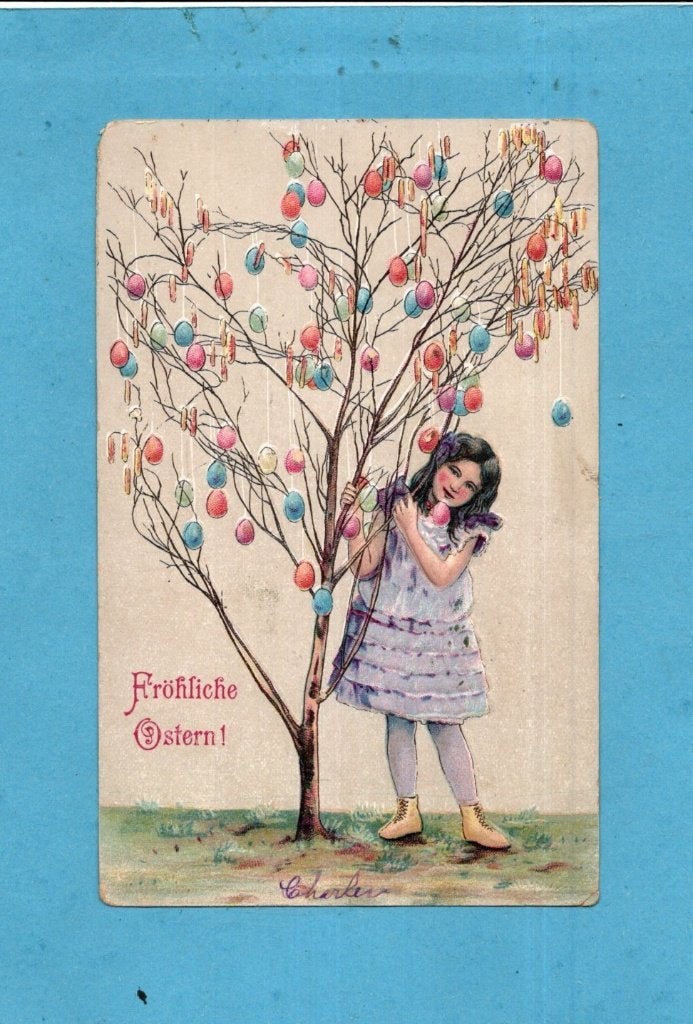 Mooie paaskaart/reliéf W147 - Meisje bij boom vol paaseitjes, Verzamelen, Ansichtkaarten | Themakaarten, Verzenden, Voor 1920