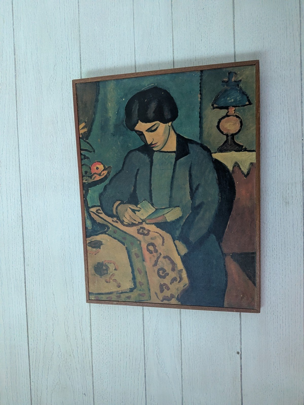Vintage Schilderij: 'Blue Girl Reading Book' - Macke, Antiek en Kunst, Kunst | Schilderijen | Modern, Figuren, Hout, Ophalen of Verzenden