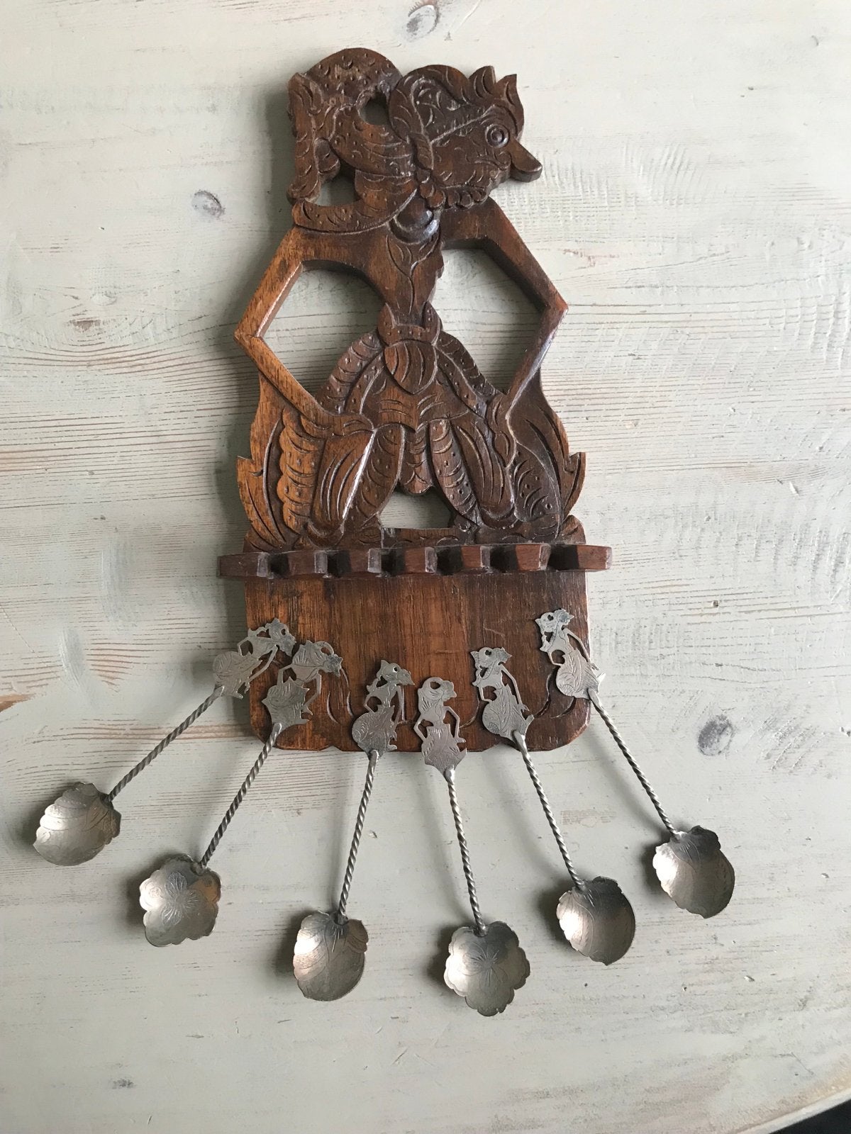 Vintage Balinese Houten Lepelrek met 6 Zilveren Lepels, Ophalen