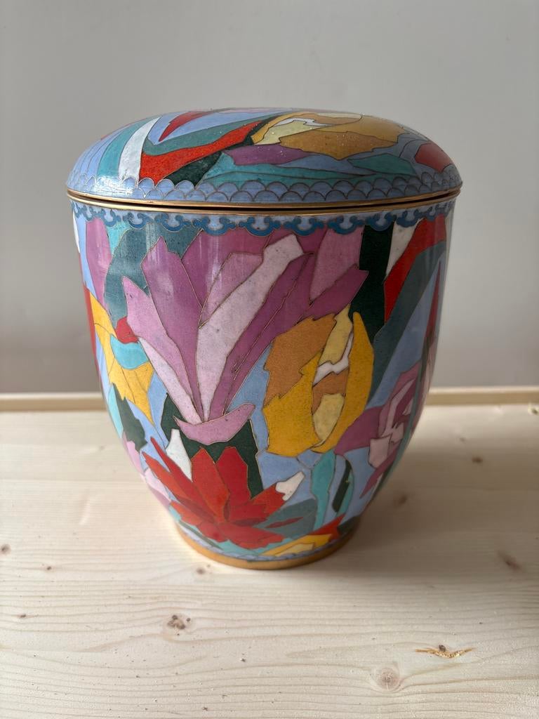 Vintage Cloisonné Pot met Deksel - Kleurrijk Bloemmotief, Ophalen of Verzenden