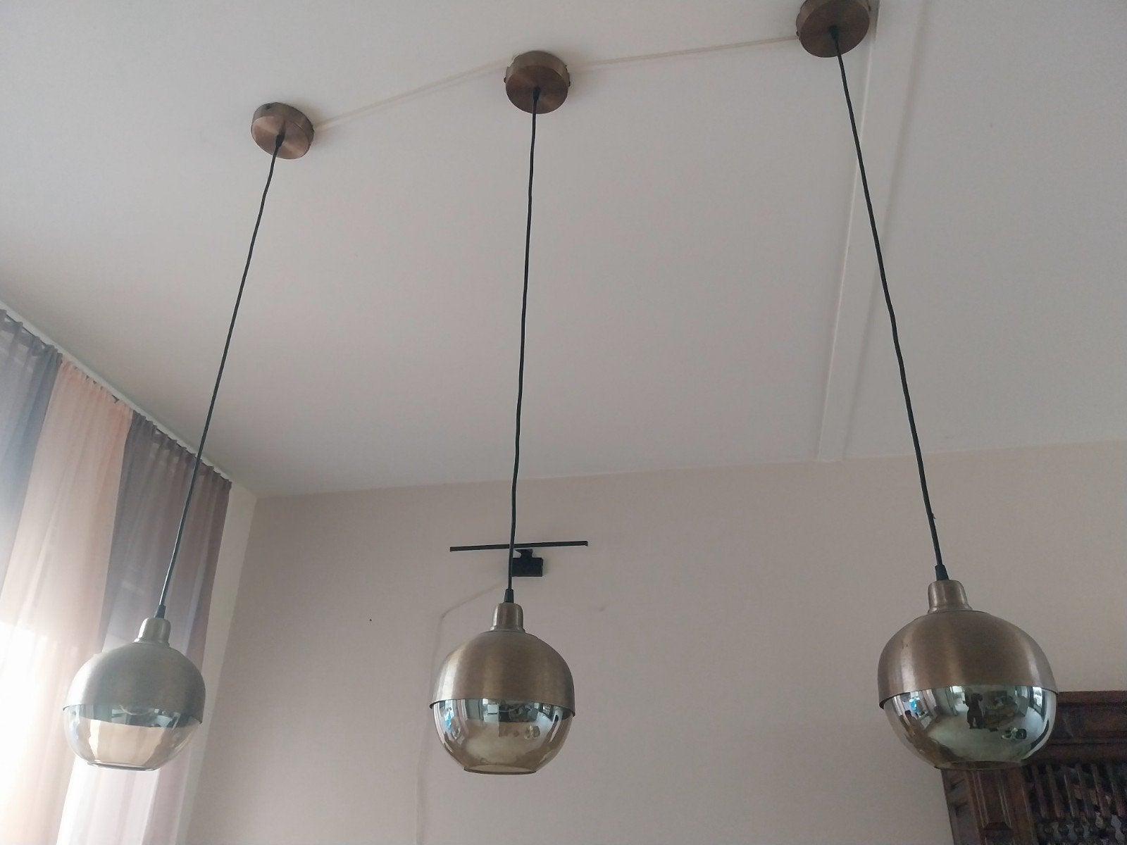 Set van 3 hanglampen voor woonkamer - brons/glas, Ophalen, Gebruikt, E27 (groot), Glas