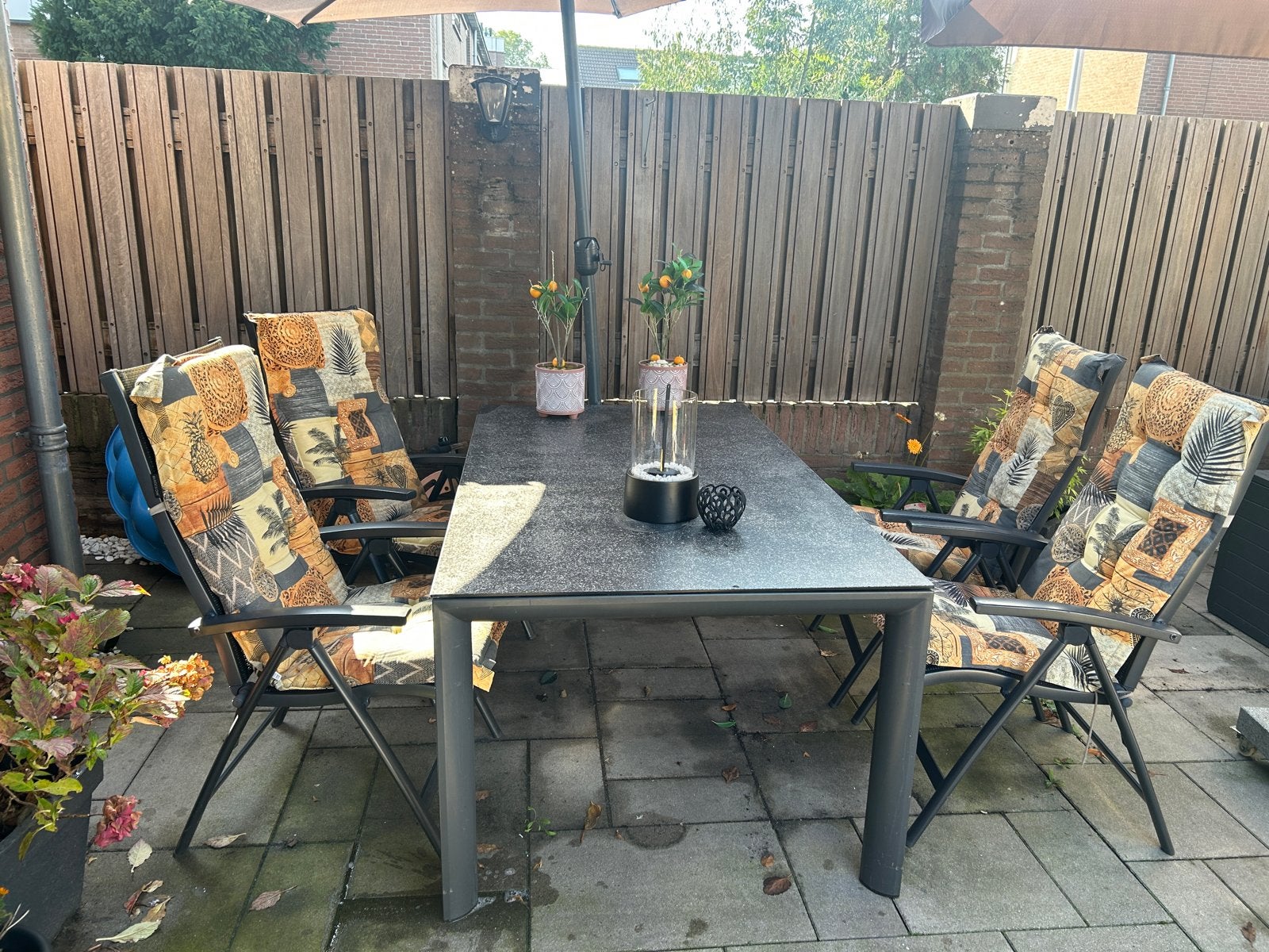 Hartman eettafel 180x100 met 4 standenstoelen en 6 kussens, Ophalen, Gebruikt, Rechthoekig