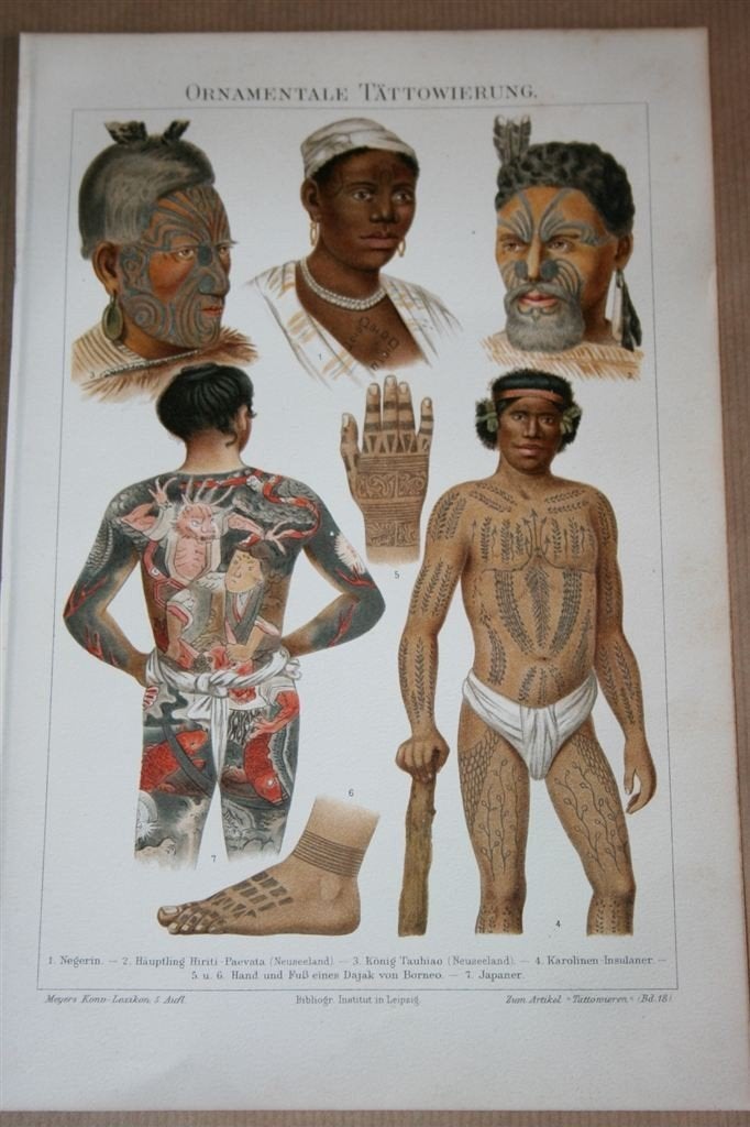 Antieke kleurenlitho - Tatoeage bij natuurvolken - Ca 1900 !, Ophalen of Verzenden