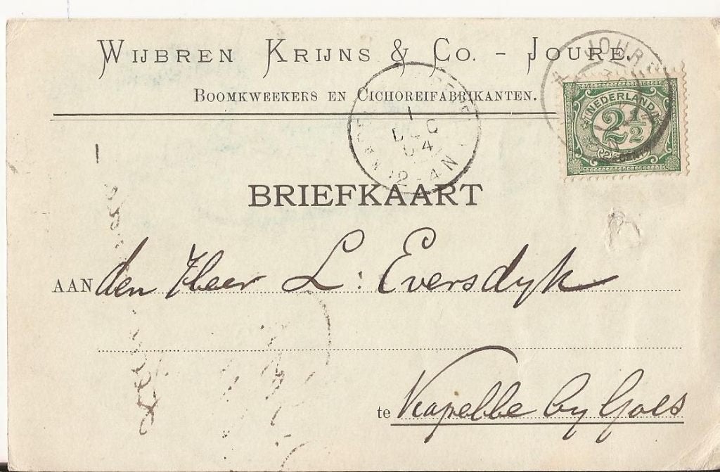 JOURE 1904 Wijbren KRIJNS & Co Boomkweekers Cichoreifabriek, Verzenden, Voor 1920, Gelopen, Friesland