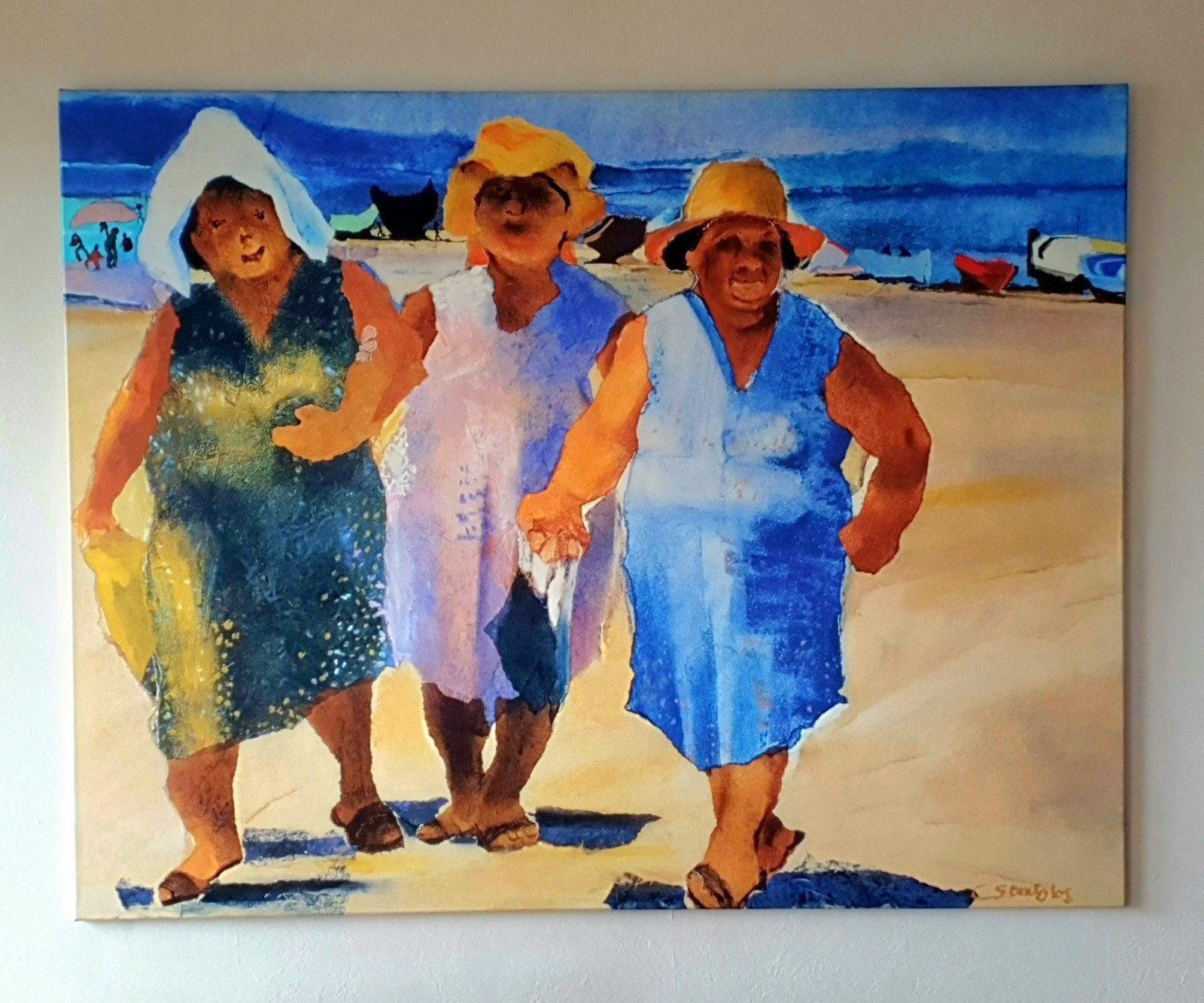 Vrolijke Dames op het Strand - Groot Schilderij, Ophalen, Origineel werk, Doek, Portret of Personen