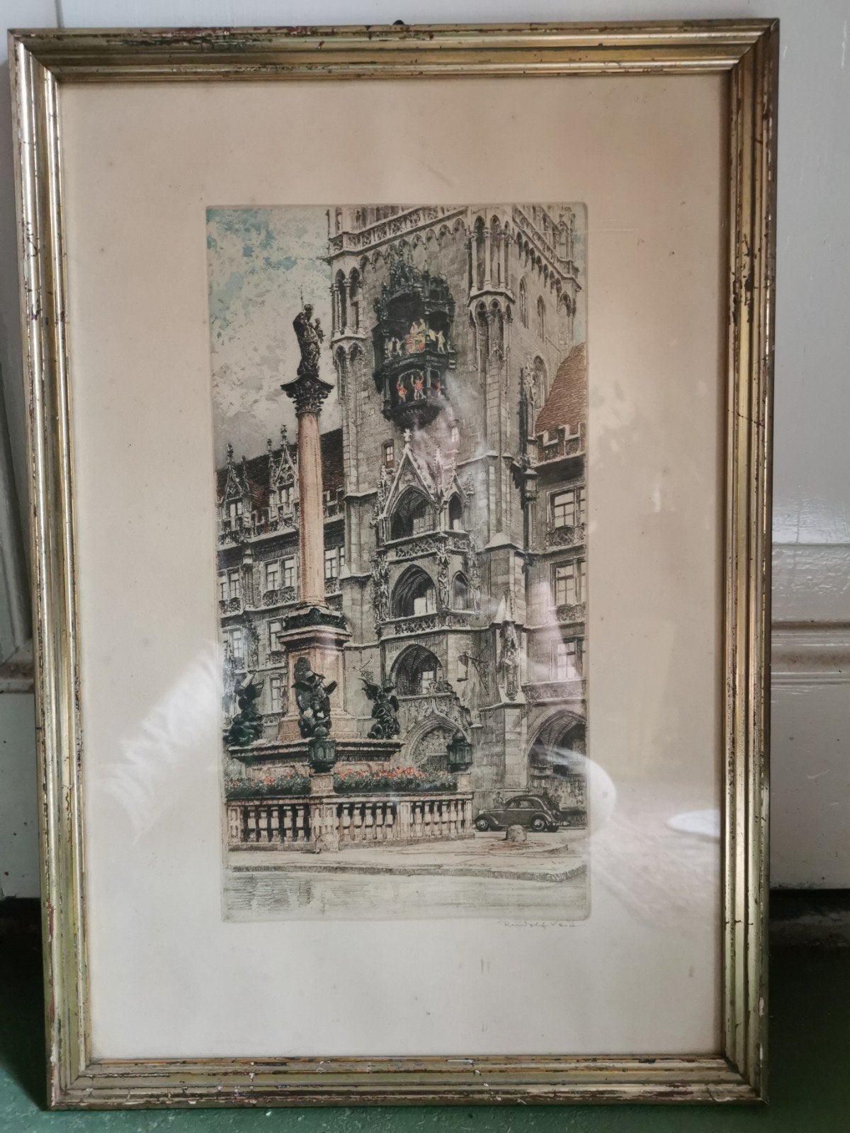 Oude ets van het Nieuwe Stadhuis in München, Duitsland, Ophalen, Ets, Stadsgezicht, Handgekleurd