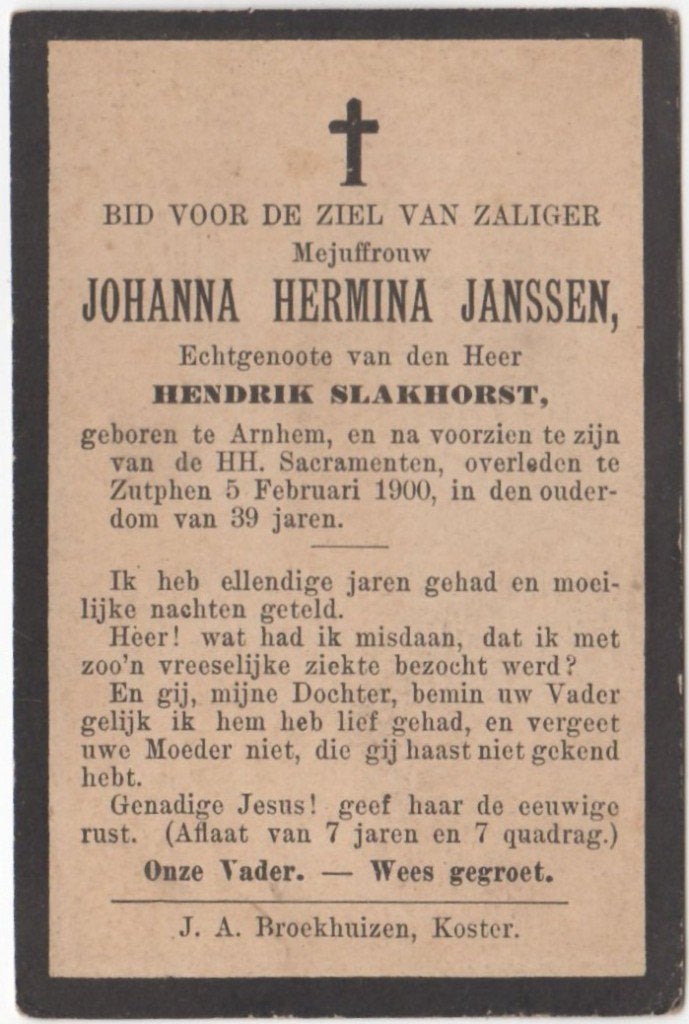 Johanna H. Janssen 1860 Arnhem + 1900 Zutphen, 39 jaar oud, Ophalen of Verzenden