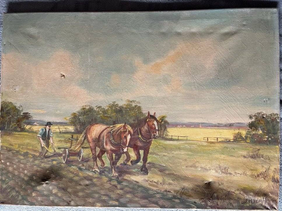 Olieverfschilderij: Paarden op het land gesigneerd ter Haar, Doek, Realistisch, Dieren, Ophalen of Verzenden