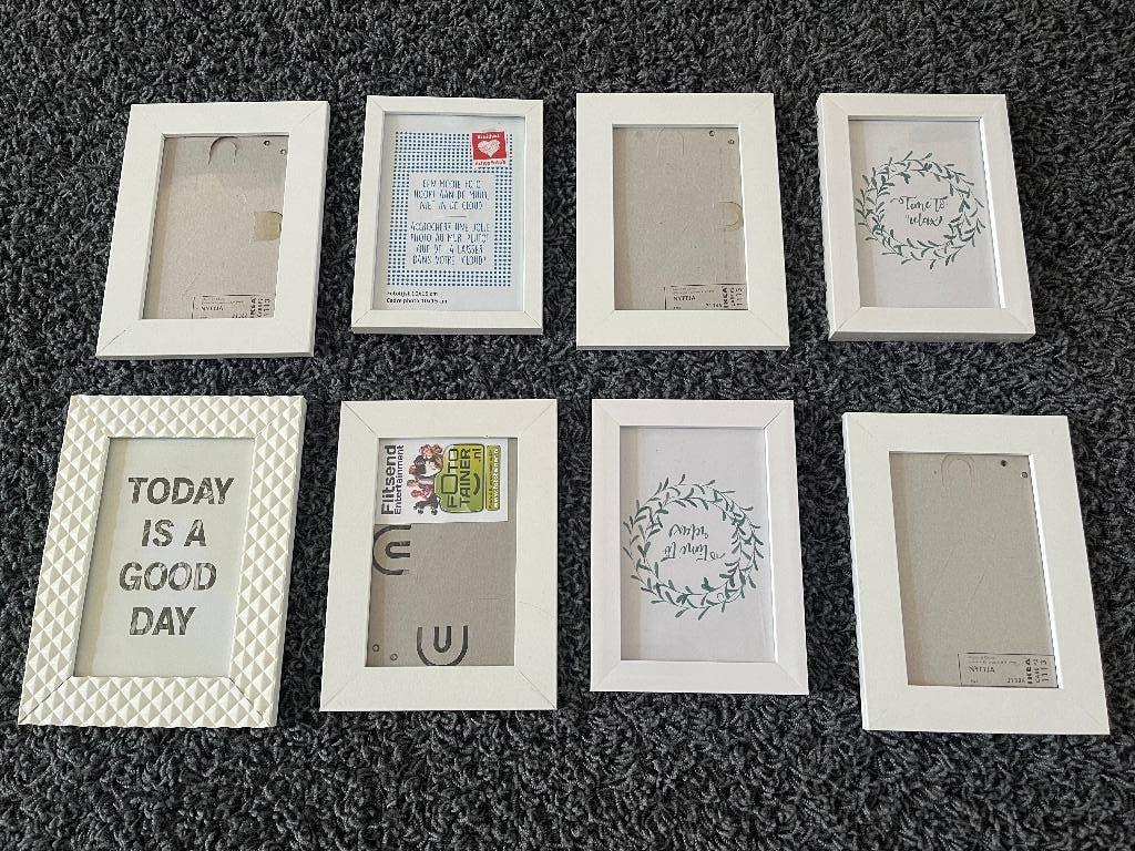 8 kleine, witte fotolijstjes / tafeldecoratie / bruiloft, Ophalen of Verzenden, Gebruikt, Overige materialen
