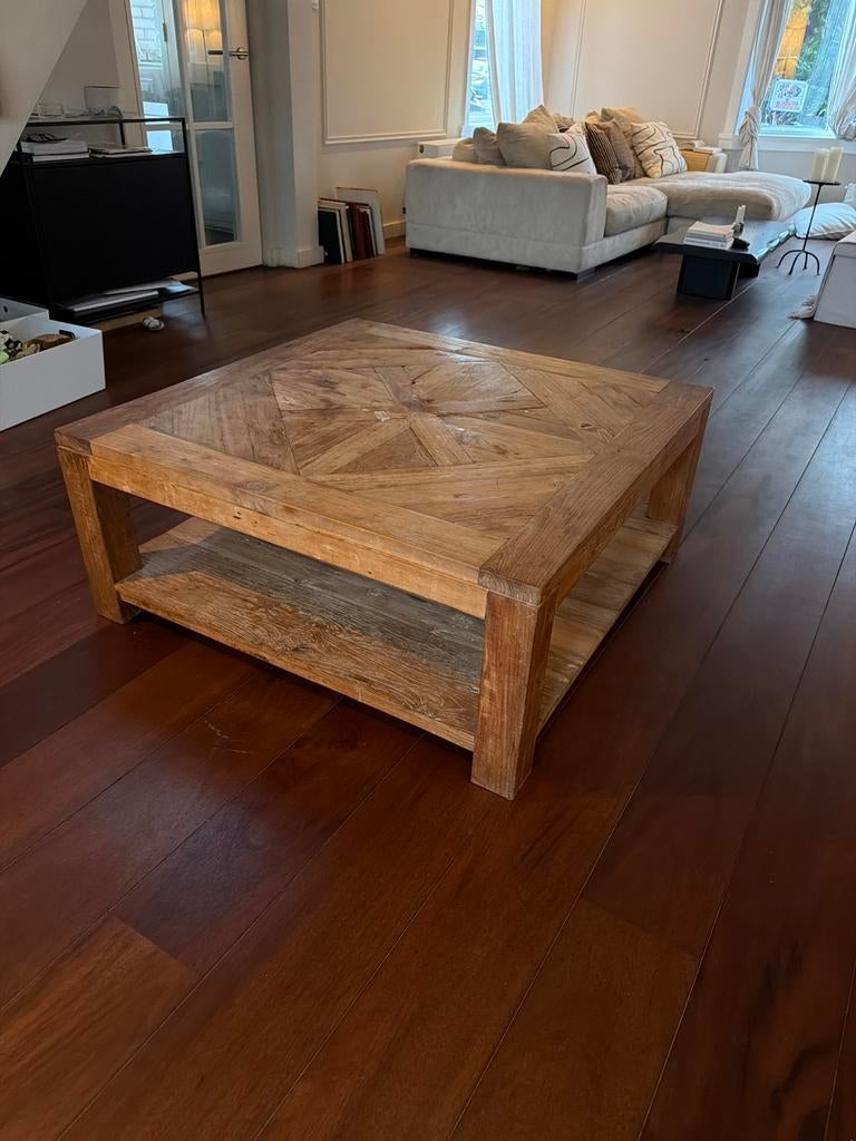 Massief Teak Salontafel 100100 – Robuust & Luxe, Huis en Inrichting, Tafels | Salontafels, Vierkant, Zo goed als nieuw, Minder dan 50 cm