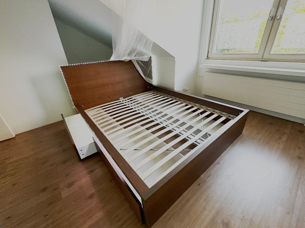 IKEA MALM bedframe hoog 160x200 bruin + 4 bedlades & LURÖY, Ophalen, Bruin, 210 cm, Tweepersoons