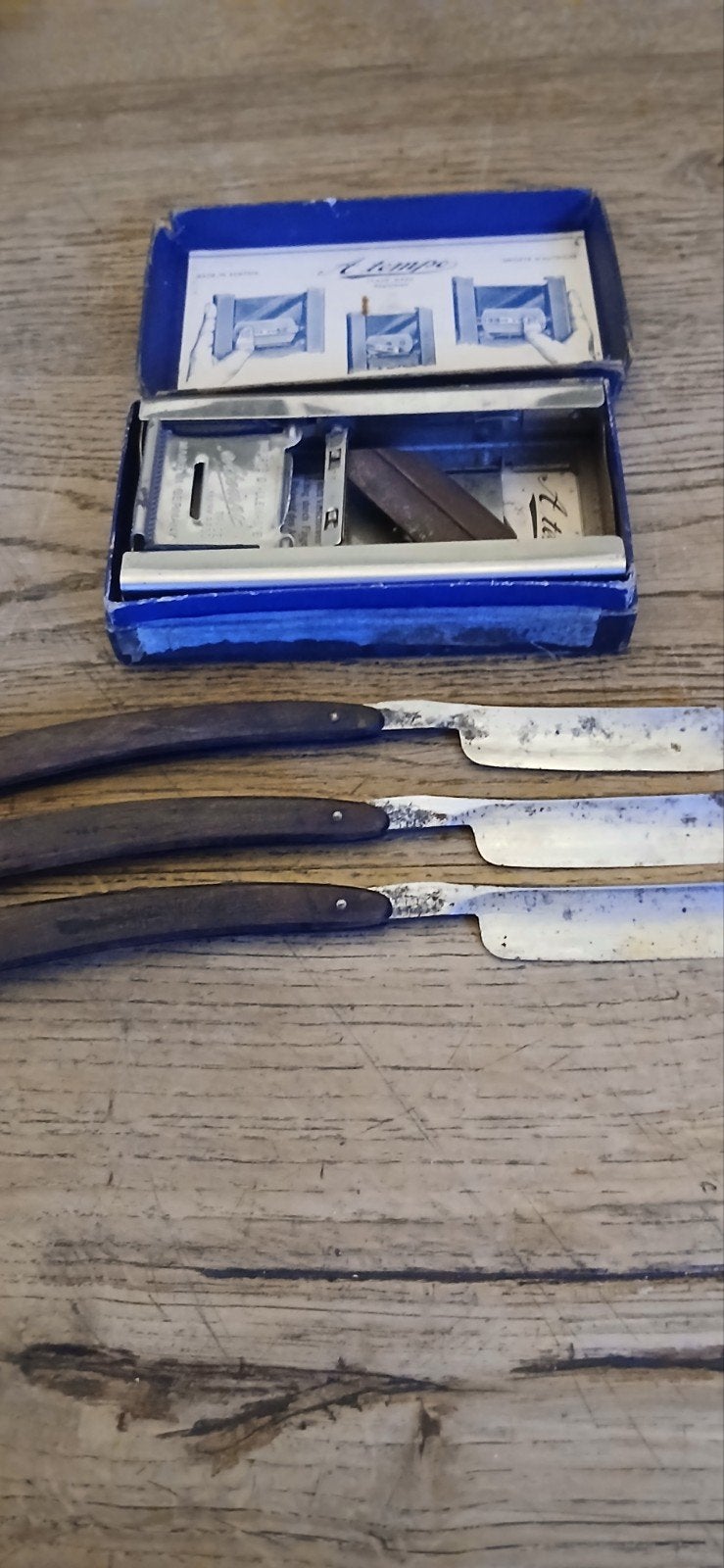 Antieke scheermessen set met Atom scheerapparaat, Ophalen of Verzenden