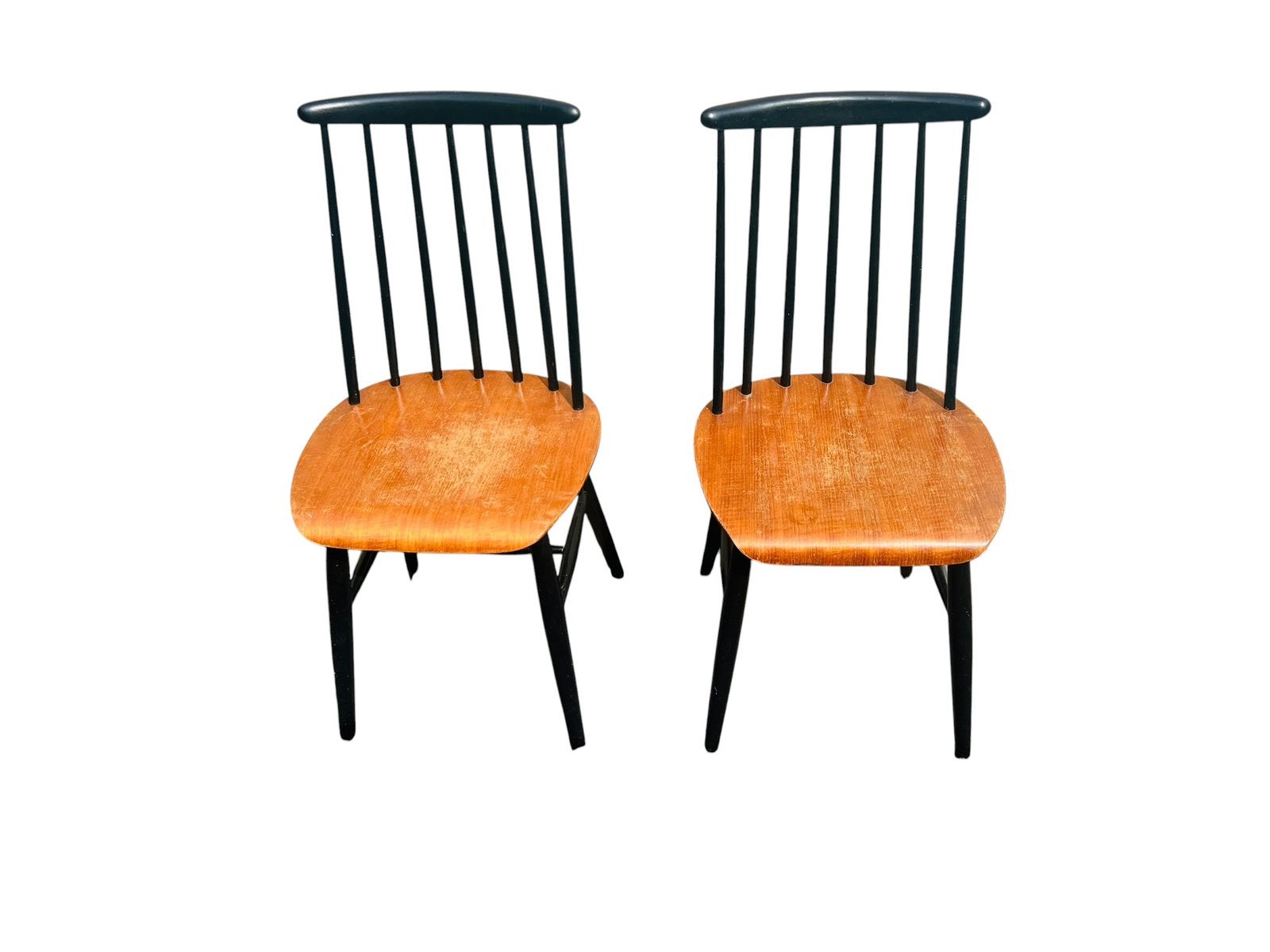 Twee vintage retro spijlen stoelen Tapiovaara stijl, Gebruikt, Twee, Bruin, Ophalen of Verzenden