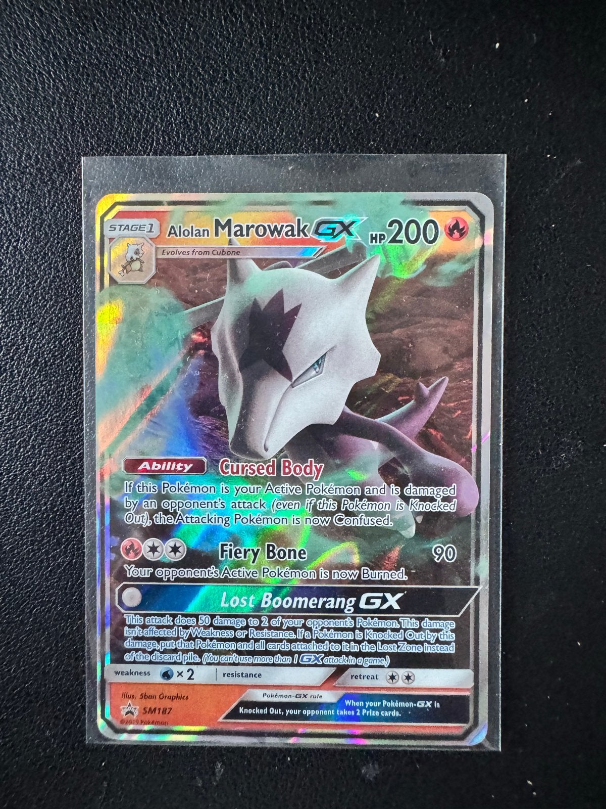 Alolan Marowak GX SM187 Pokémon Kaart - Foil, Ophalen of Verzenden, Zo goed als nieuw, Losse kaart, Foil