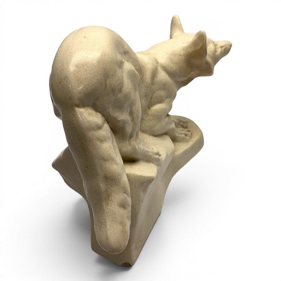 Aardewerken wit gecraquleerde sculptuur van een vos, Natuurlijk materiaal, Ophalen of Verzenden, Zoogdier, 20 - 50 cm