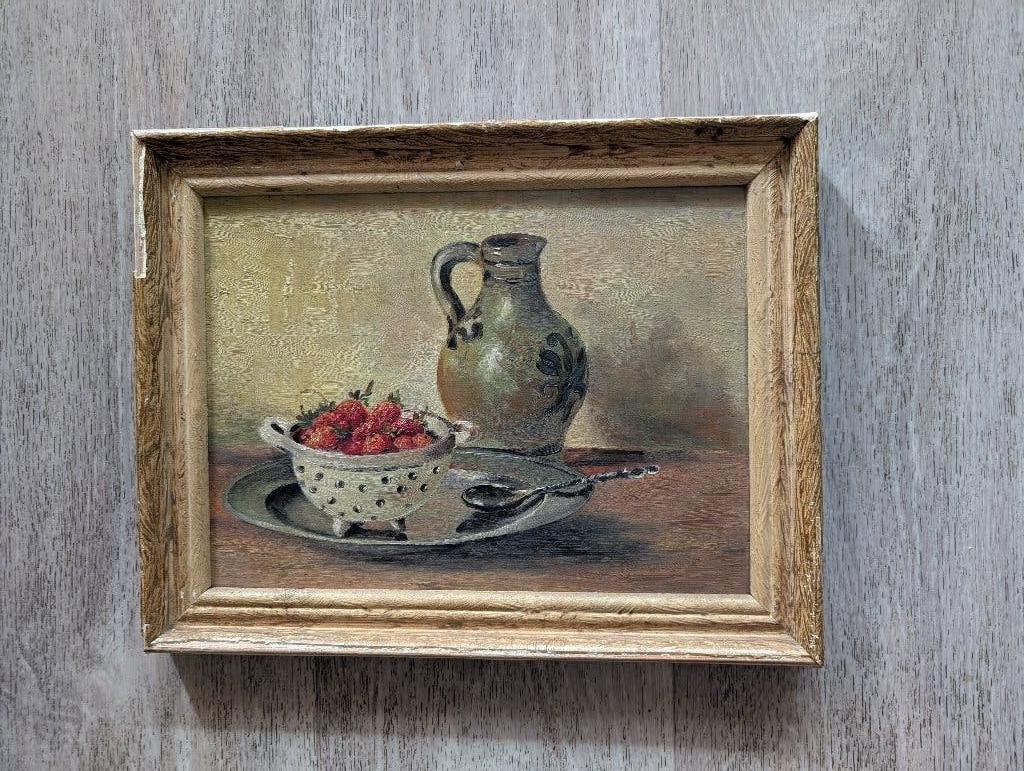 Schilderij Stilleven Aardbeien en stenen kruik, Antiek en Kunst, Kunst | Schilderijen | Klassiek, Paneel, Stilleven, Ophalen of Verzenden