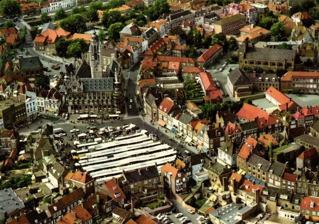 Middelburg, Panorama Centrum - luchtfoto - 1970 gelopen, Verzamelen, Ophalen of Verzenden, 1960 tot 1980, Gelopen, Zeeland