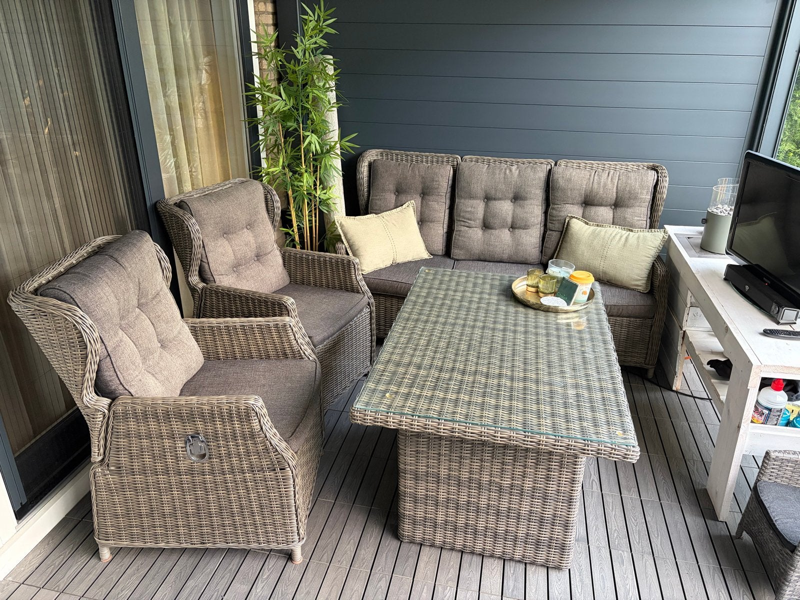 Lichtgrijze rieten loungeset (5-delig) met verstelbare stoel, Tuin en Terras, Ophalen, 5 zitplaatsen, Bank, Rotan