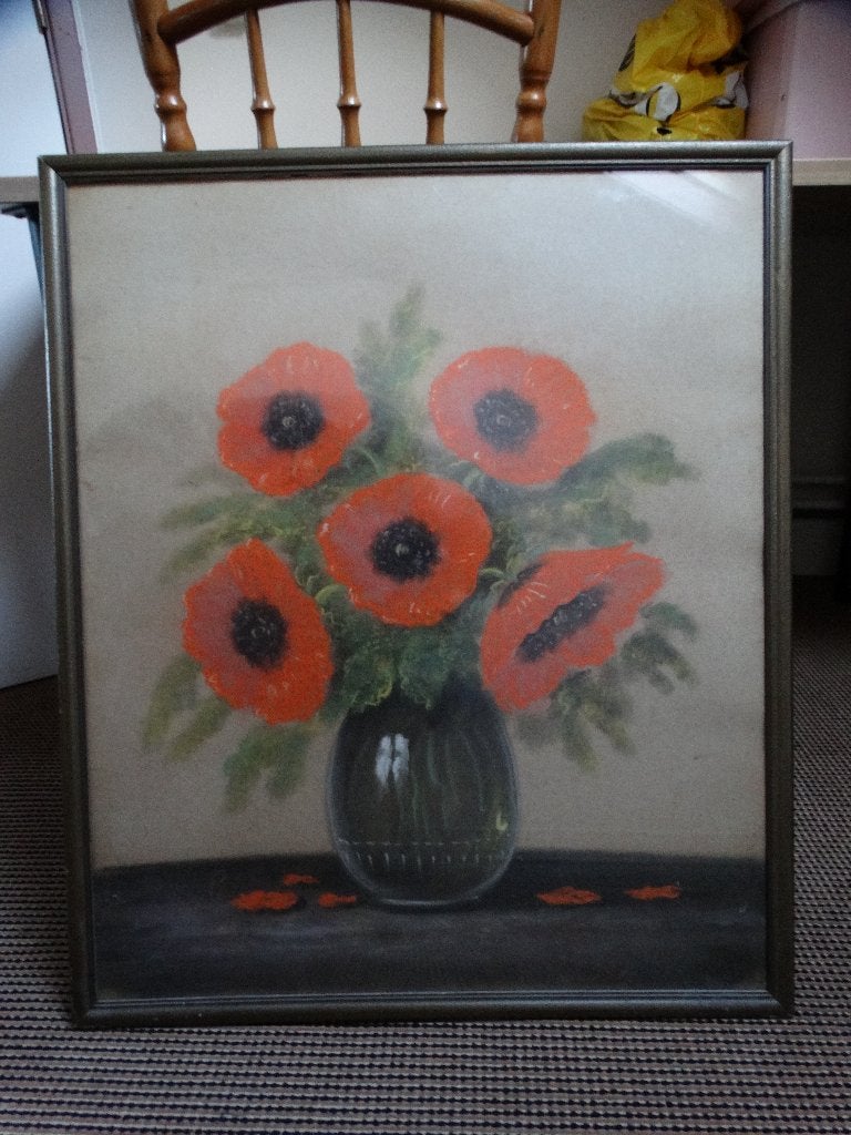 krijt of waterverf schilderij jaren 30 ?, Ophalen of Verzenden, Overige technieken, Bloemen, Papier