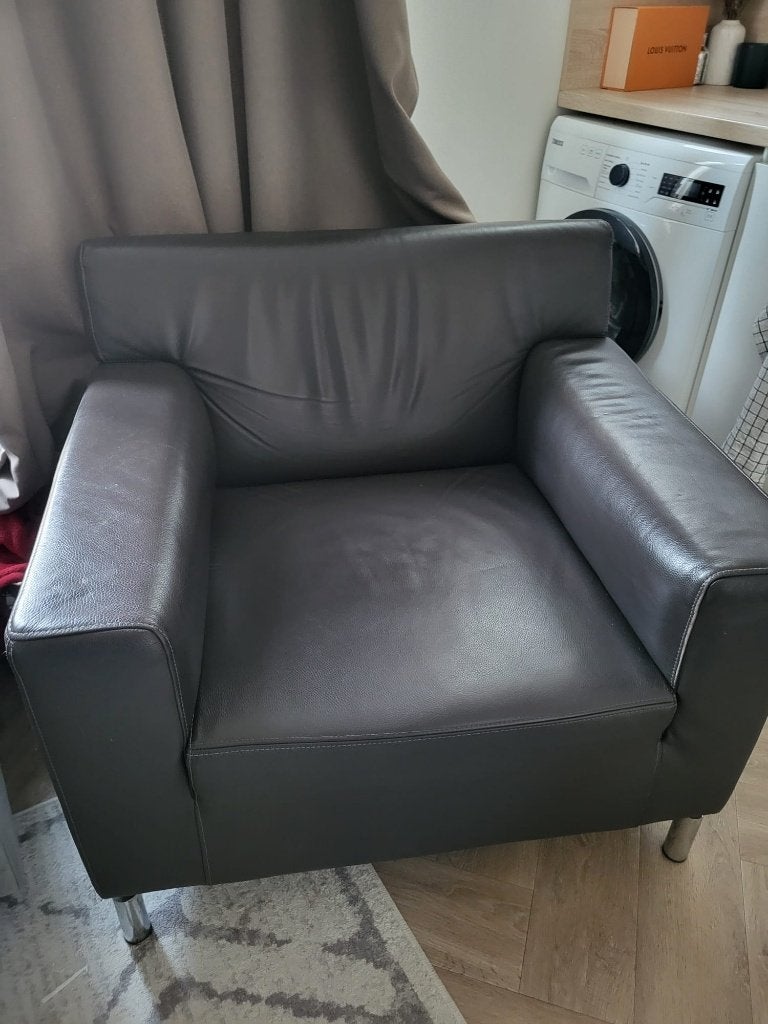 Jamé Design Fauteuil Leer – Antraciet / Donkergrijs, Ophalen, Gebruikt, 75 tot 100 cm, Leer