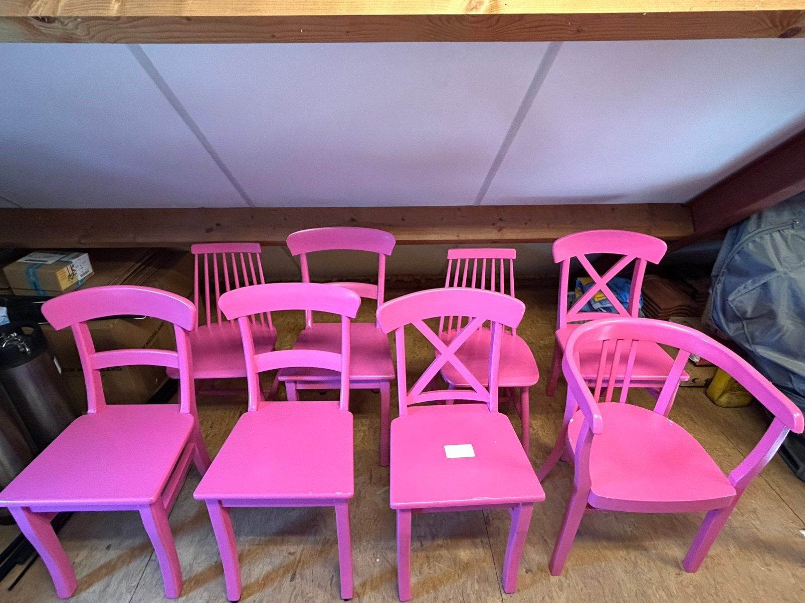 8x roze geschilderde houten stoelen, Ophalen, Hout