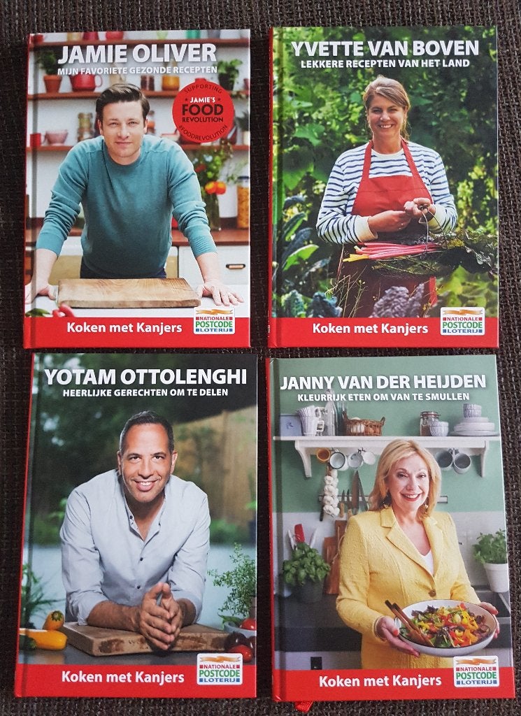 Postcodeloterij koken met kanjers boekjes nr 1-2-3-4, Nieuw, Jamie Oliver, Nederland en België, Tapas, Hapjes en Dim Sum