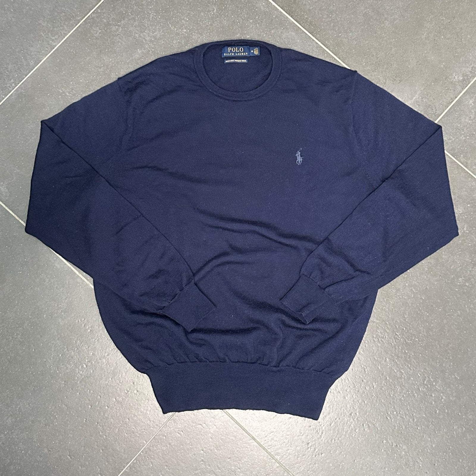 Polo Ralph Lauren Merino Wol Trui Maat M Donkerblauw, Ophalen of Verzenden, Zo goed als nieuw, Maat 48/50 (M), Blauw