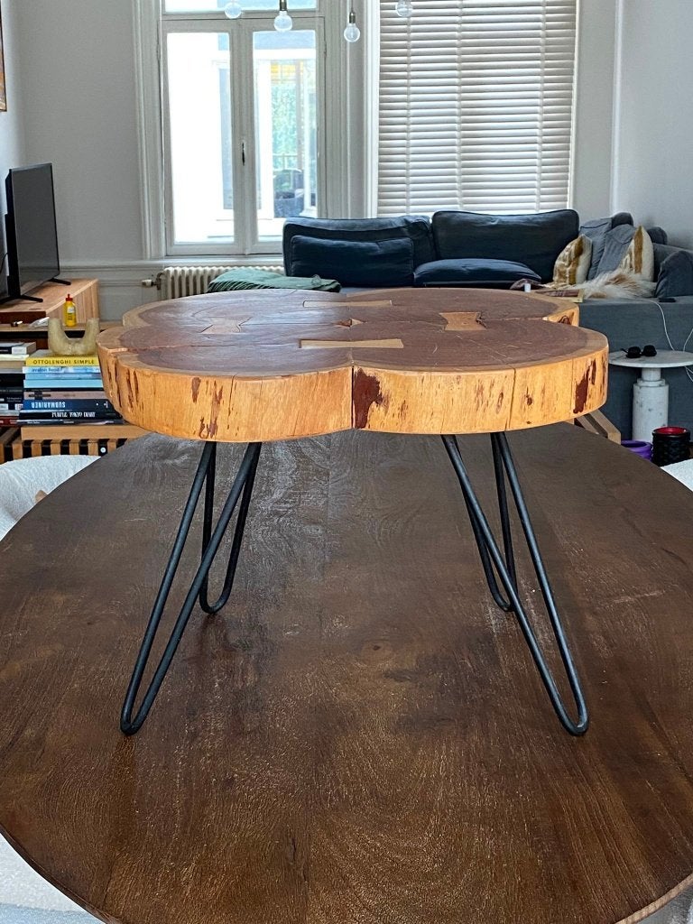 Live Edge Salontafel | Butterfly Inlays | Hairpin Poten, Ophalen, 100 tot 150 cm, 50 tot 100 cm, Metaal