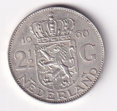 2 1/2 Gulden 1960 met Randtikje, Koningin Juliana, Verzenden, Zilver, Losse munt