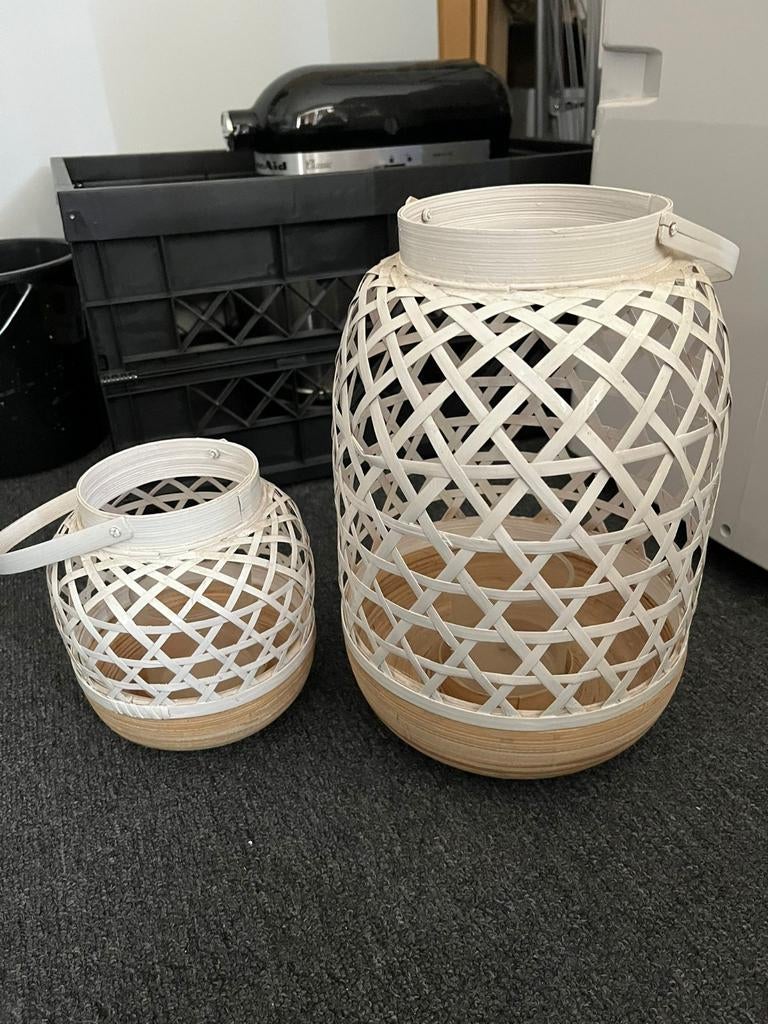 Set van 2 bamboe lantaarns - wit en naturel, Ophalen, Gebruikt, Beige, Kandelaar