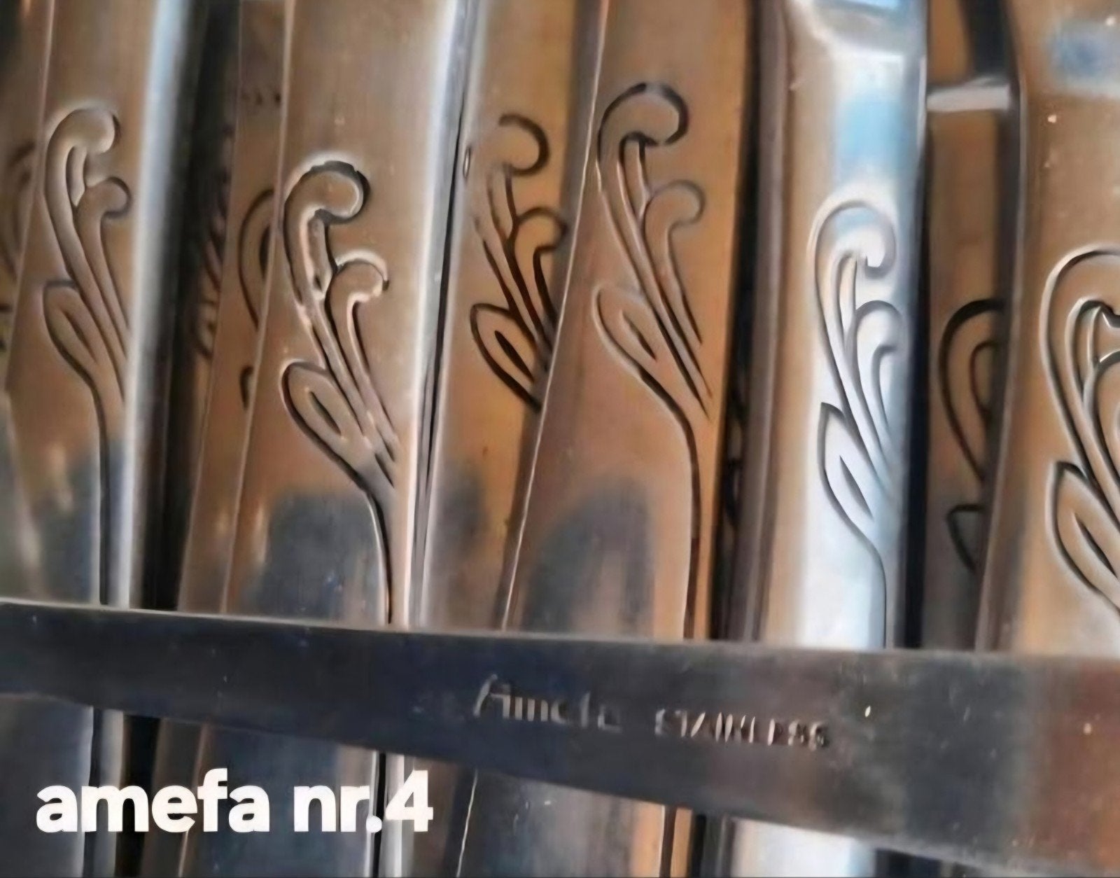 Bestek Amefa Stainless relief blaadjes gladde handvatten, Ophalen of Verzenden, Rvs of Chroom