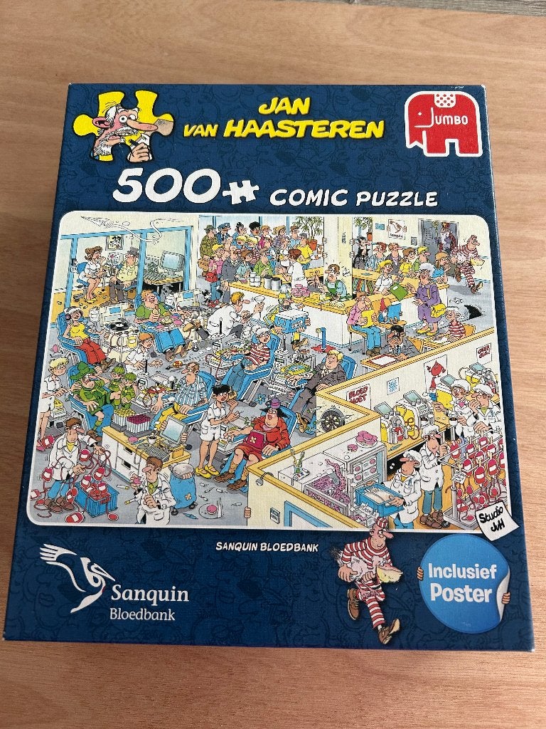 Jan van Haasteren sanquin bloedbank MISSEN 2STUKJES, Ophalen of Verzenden, 500 t/m 1500 stukjes, Gebruikt, Legpuzzel