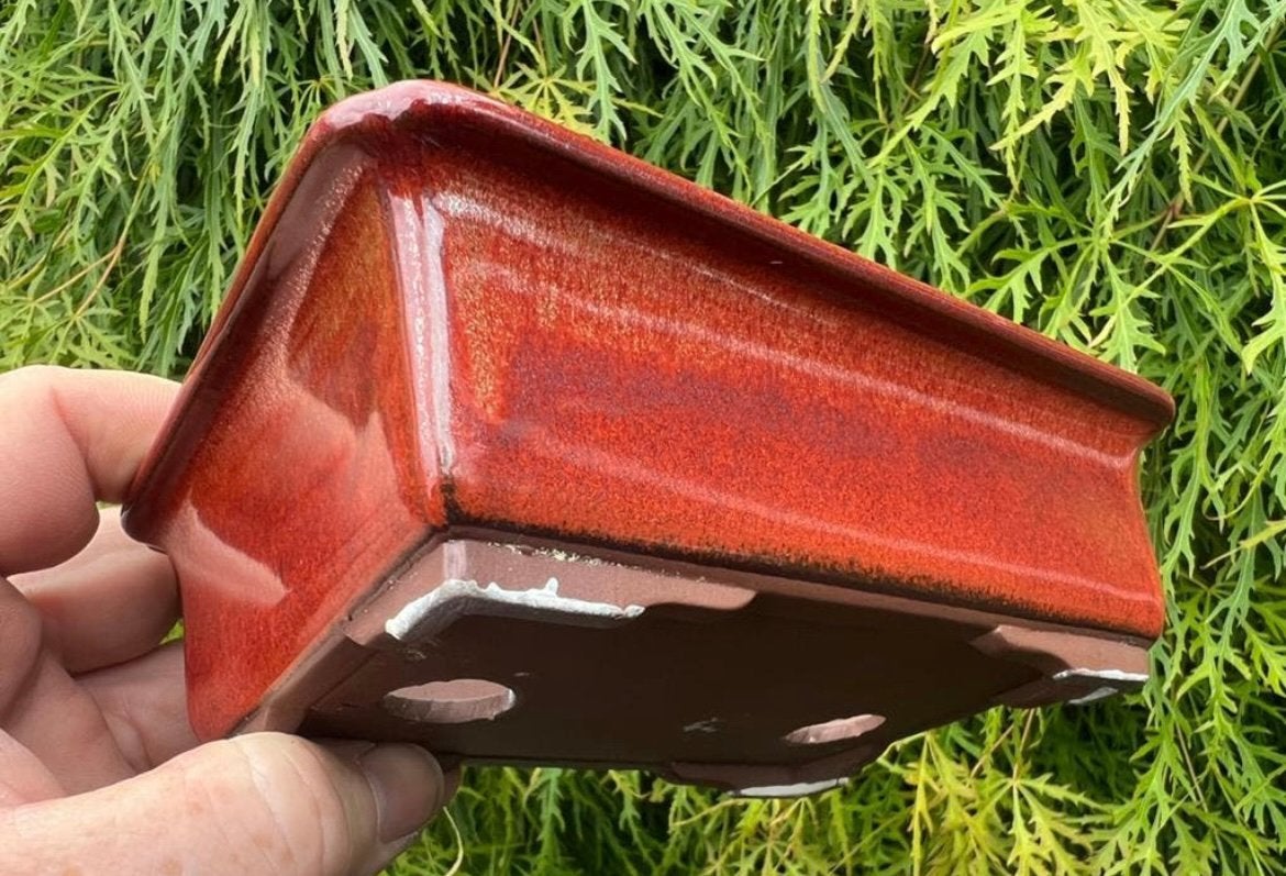 Bonsai schaal rood-bruin geglazuurd Japans 15,1x11x4,6, Tuin en Terras, Ophalen of Verzenden, Zo goed als nieuw, Aardewerk, Rechthoekig
