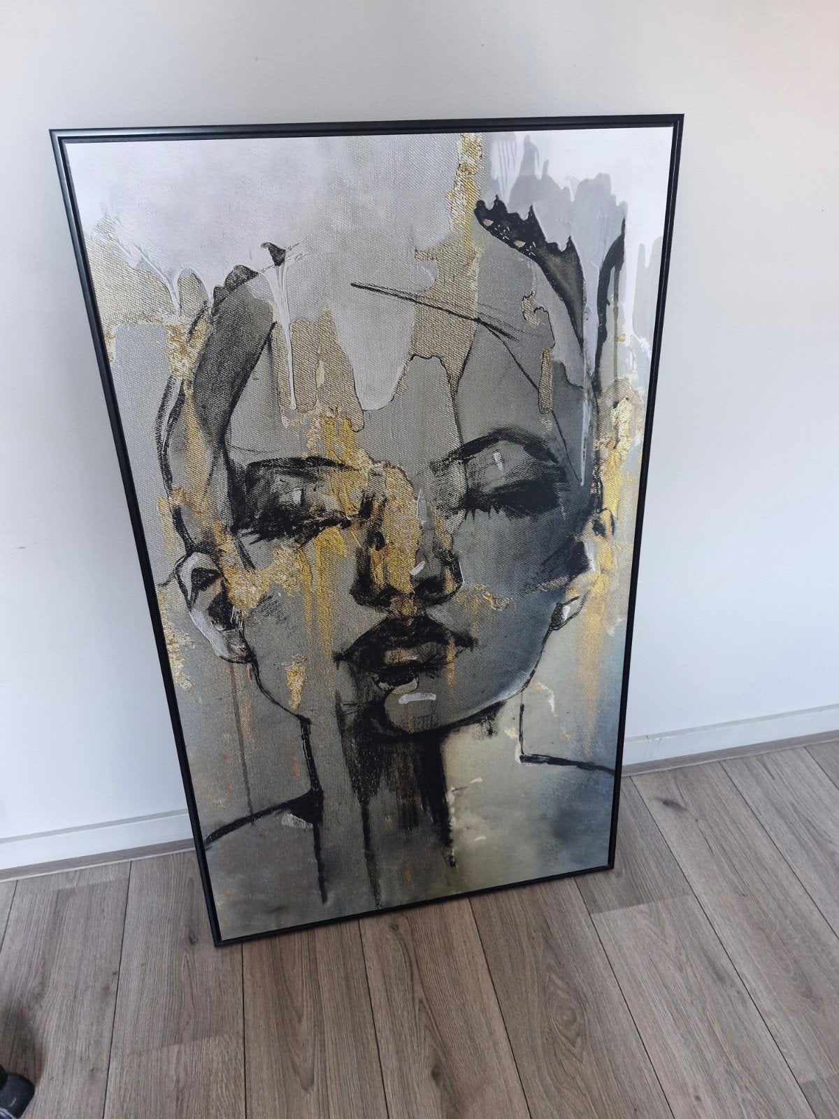 Modern Portret Schilderij - Zwart, Goud, Grijs, Ophalen, Acrylverf, Ingelijst, Overige materialen