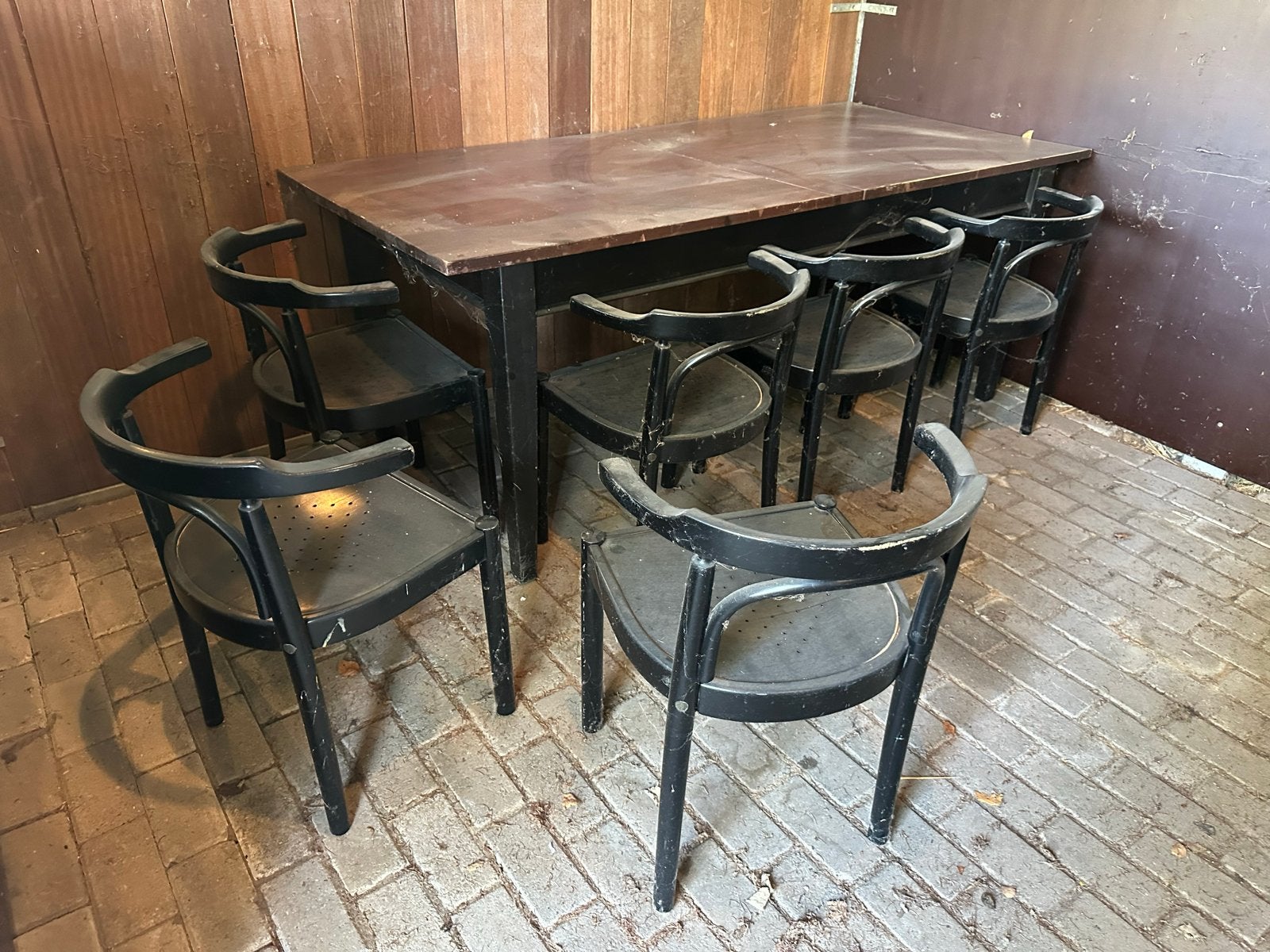 Vintage eettafel met 6 stoelen - Zwart hout, Huis en Inrichting, Tafels | Eettafels, Ophalen, Gebruikt, Rechthoekig, 200 cm of meer